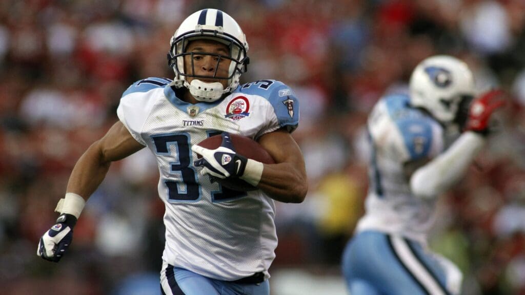 Nov 8, 2009; San Francisco, CA, USA; Tennessee Titans cornerback Cortland Finnegan (31) returns an interception for a touchdown against the San Francisco 49ers in the fourth quarter at Candlestick Park. The Titans defeated the 49ers 34-27.