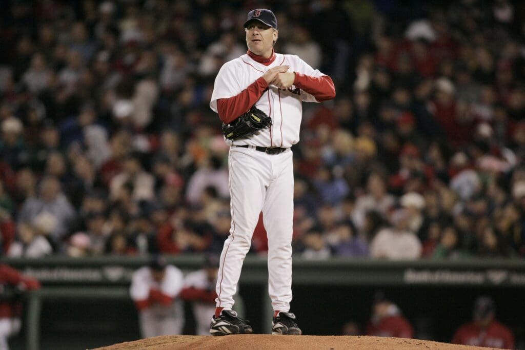 Oct 13, 2007; Boston, MA , USA; Boston Red Sox pitcher (38) Curt Schilling reacts in the 5th inning during game 2 of the 2007 American League Championship Series at Fenway Park.