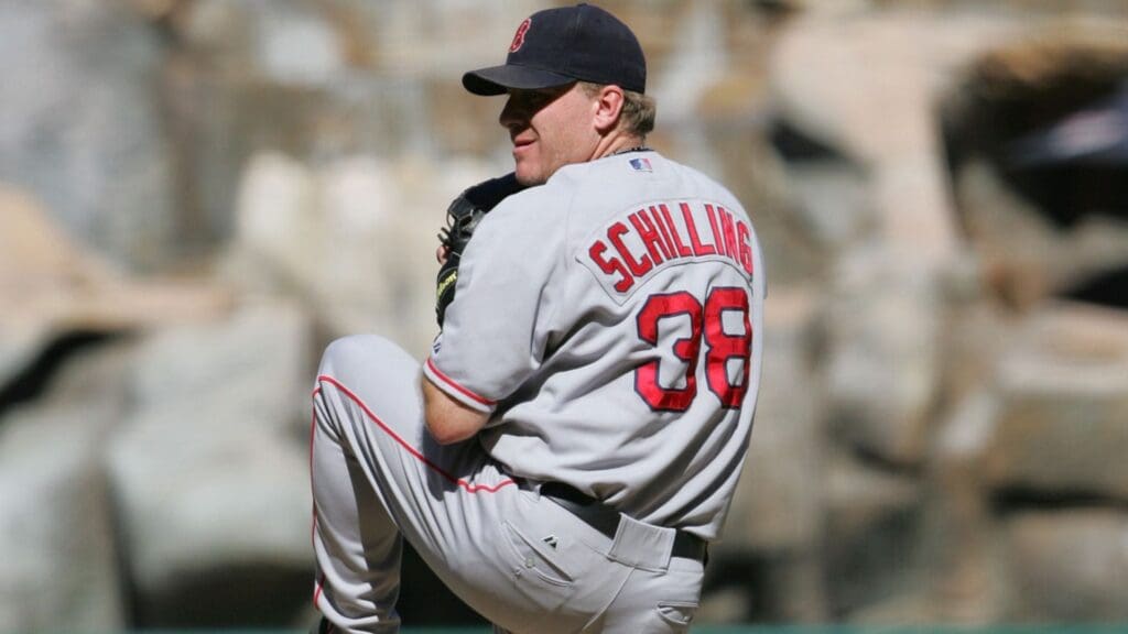 Oct 7, 2007; Anaheim, CA, USA; Boston Red Sox pitcher Curt Schilling (38) pitching in the sixth inning against the Los Angeles Angels in game three of the American League Division Series at Angels Stadium.
