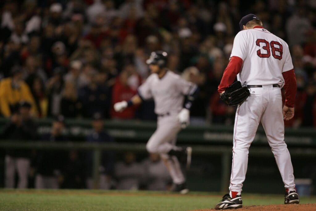 Sept 16, 2007; Boston, MA , USA; Boston Red Sox pitcher (38) Curt Schilling gives up a 3-run homer to New York Yankees short stop (2) Derek Jeter in the 8th inning at Fenway Park.