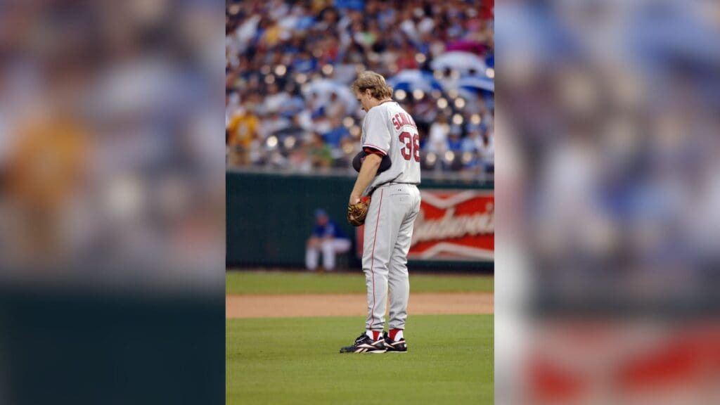 Aug 10, 2006; Kansas City, MO, USA: Boston Red Sox pitcher (38) Curt Schilling pauses before throwing his first pitch against the Kansas City Royals at Kauffman Stadium in Kansas City, MO.