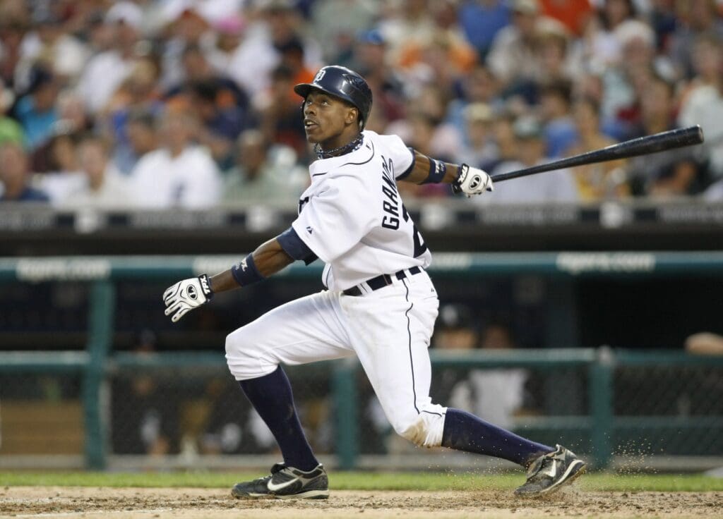 July 25, 2008; Detroit, MI, USA; Detroit Tigers center fielder Curtis Granderson (28) flies out to deep left field in the sixth inning.