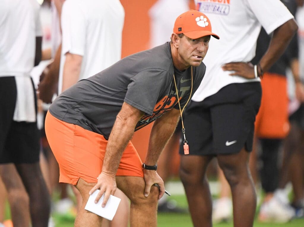 Clemson head coach Dabo Swinney during his 2025 football camp in Clemson, S.C. Tuesday, June 3, 2025.