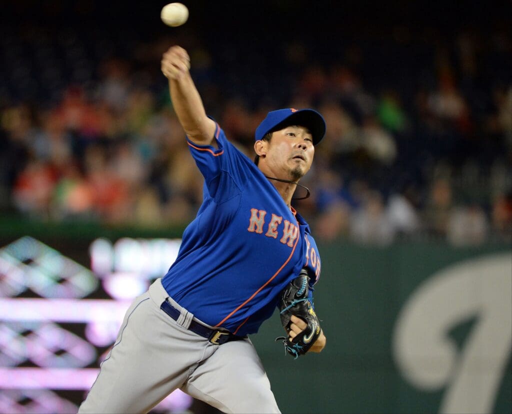 Sep 25, 2014; Washington, DC, USA; New York Mets relief pitcher Daisuke Matsuzaka (16) throws in game two of a doubleheader against the Washington Nationals at Nationals Park.