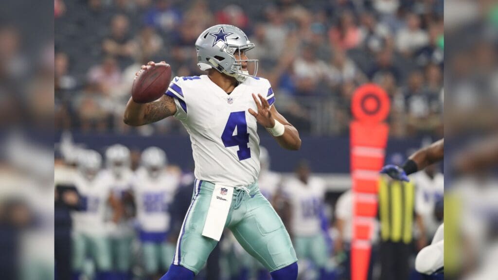 Aug 19, 2017; Arlington, TX, USA; Dallas Cowboys quarterback Dak Prescott (4) throws in the pocket against Indianapolis Colts at AT&T Stadium.