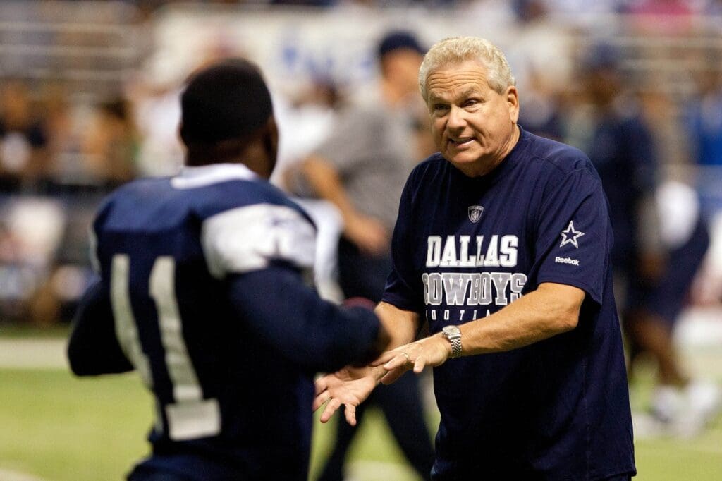 Jul 30, 2011; San Antonio, TX, USA; Dallas Cowboys coach Dave Campo gives instructions to center back Terence Newman (41) during training camp at the Alamodome.