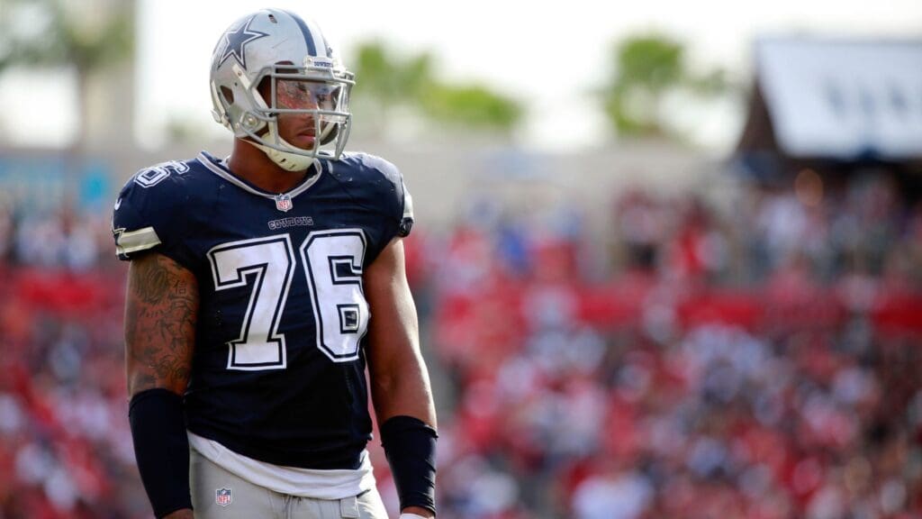 Nov 15, 2015; Tampa, FL, USA; Dallas Cowboys defensive end Greg Hardy (76) looks on against the Tampa Bay Buccaneers during the second half at Raymond James Stadium. Tampa Bay Buccaneers defeated the Dallas Cowboys 10-6.