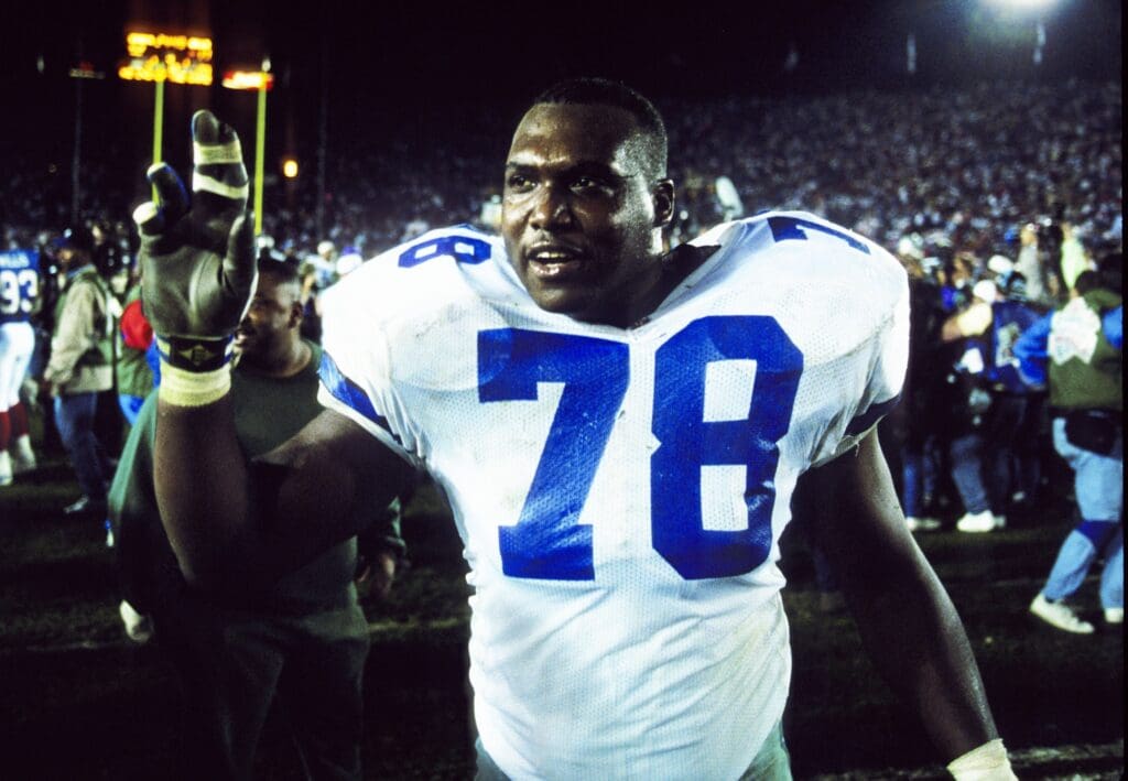 Jan 31, 1993; Pasadena, CA, USA; FILE PHOTO; Dallas Cowboys defensive end Leon Lett (78) on the field after Super Bowl XXVII at the Rose Bowl. The Cowboys defeated the Buffalo Bills 52-17.