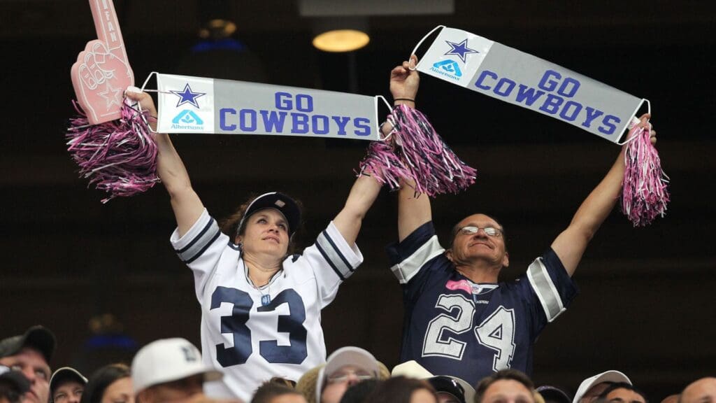 Oct 31, 2010; Arlington, TX, USA; Dallas Cowboys fan cheer during a timeout from the game against the Jacksonville Jaguars at Cowboys Stadium.