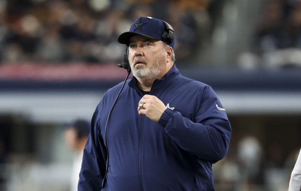 Jan 5, 2025; Arlington, Texas, USA; Dallas Cowboys head coach Mike McCarthy looks on during the first half against the Washington Commanders at AT&T Stadium.