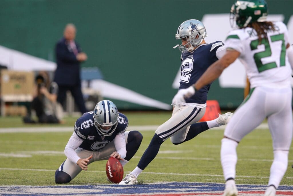Oct 13, 2019; East Rutherford, NJ, USA; Dallas Cowboys kicker Brett Maher (2) kicks a 62-yard field goal against the New York Jets during the second quarter at MetLife Stadium.