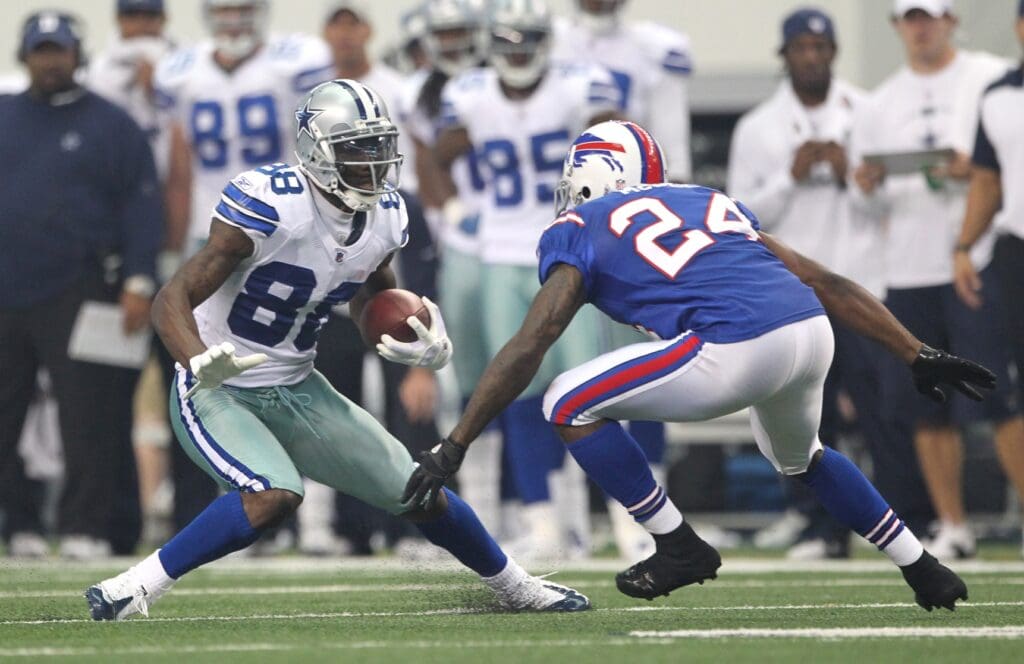 Nov 13, 2011; Arlington, TX, USA; Dallas Cowboys receiver Dez Bryant (88) runs after a catch against Buffalo Bills cornerback Terrence McGee (24) at Cowboys Stadium.