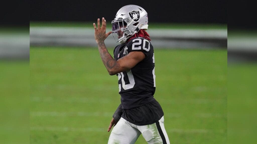 Nov 22, 2020; Paradise, Nevada, USA; Las Vegas Raiders cornerback Damon Arnette (20) reacts after breaking up a pass intended for Kansas City Chiefs wide receiver Tyreek Hill (10) during the second half at Allegiant Stadium.