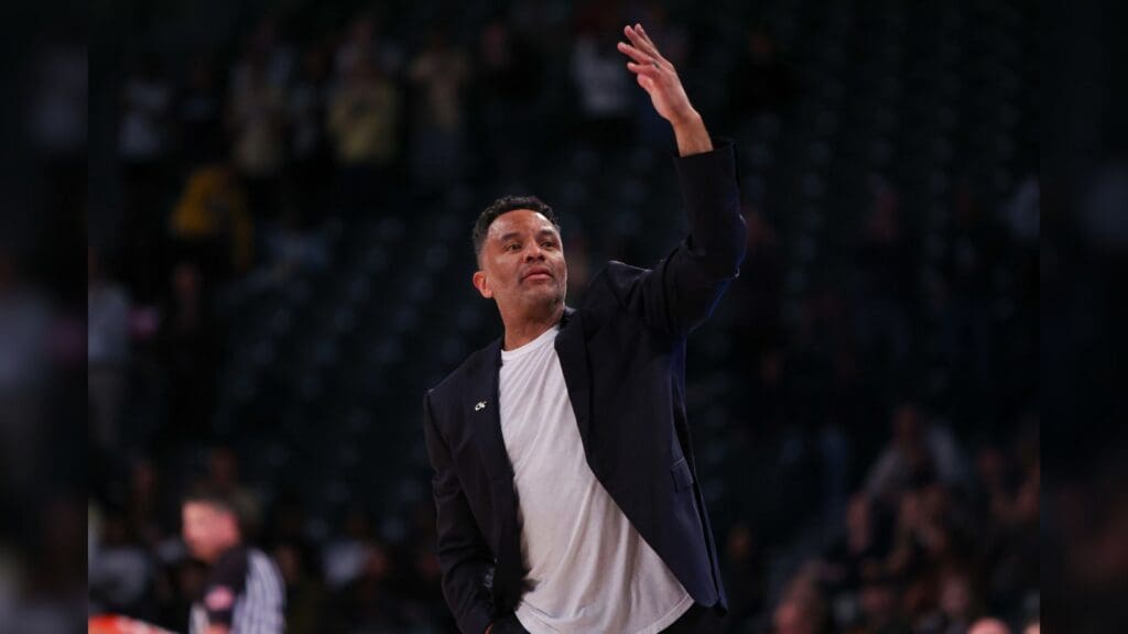 Mar 4, 2025; Atlanta, Georgia, USA; Georgia Tech Yellow Jackets head coach Damon Stoudamire makes a substitution against the Miami Hurricanes in the second half at McCamish Pavilion.