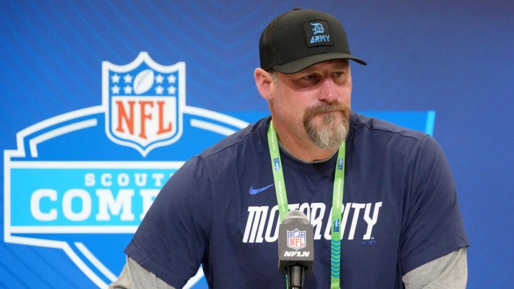 Feb 25, 2025; Indianapolis, IN, USA; Detroit Lions coach Dan Campbell speaks during the NFL Scouting Combine at the Indiana Convention Center