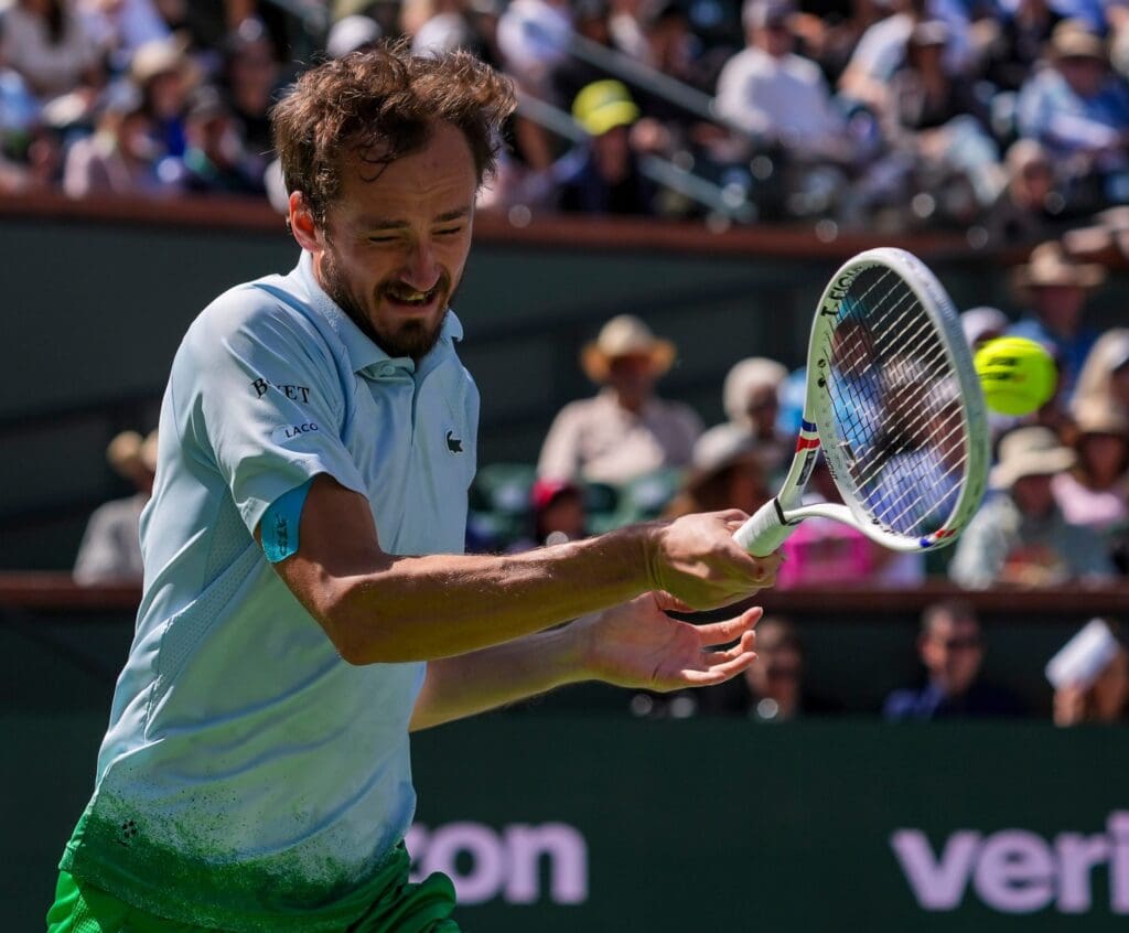 Daniil Medvedev hits to Holger Rune during the ATP semifinals at the BNP Paribas Open in Indian Wells, Calif., Saturday, March 15, 2025.