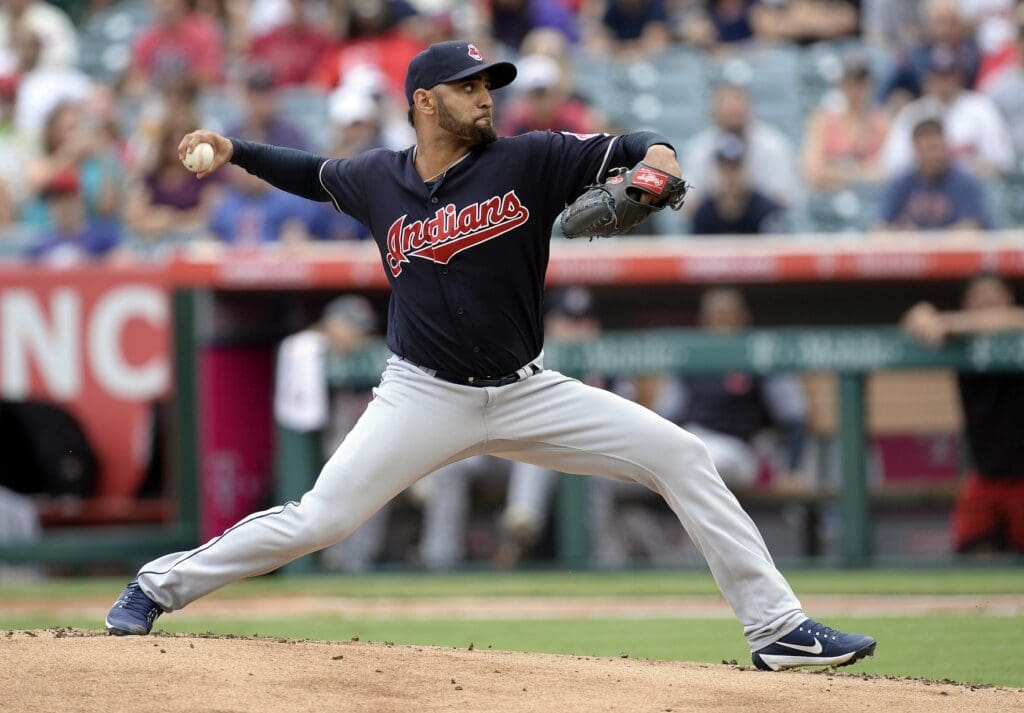 September 21, 2017; Anaheim, CA, USA; Cleveland Indians starting pitcher Danny Salazar (31) throws in the first inning against the Los Angeles Angels at Angel Stadium of Anaheim.