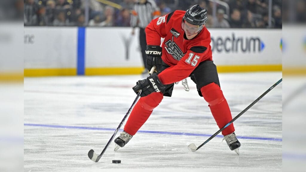 Feb 23, 2025; Los Angeles, CA, USA; Former NHL player Dany Heatley (15) controls the puck during the Los Angeles Kings Celebrity Charity Game for LA Wildfire Relief at Crypto.com Arena. teams.