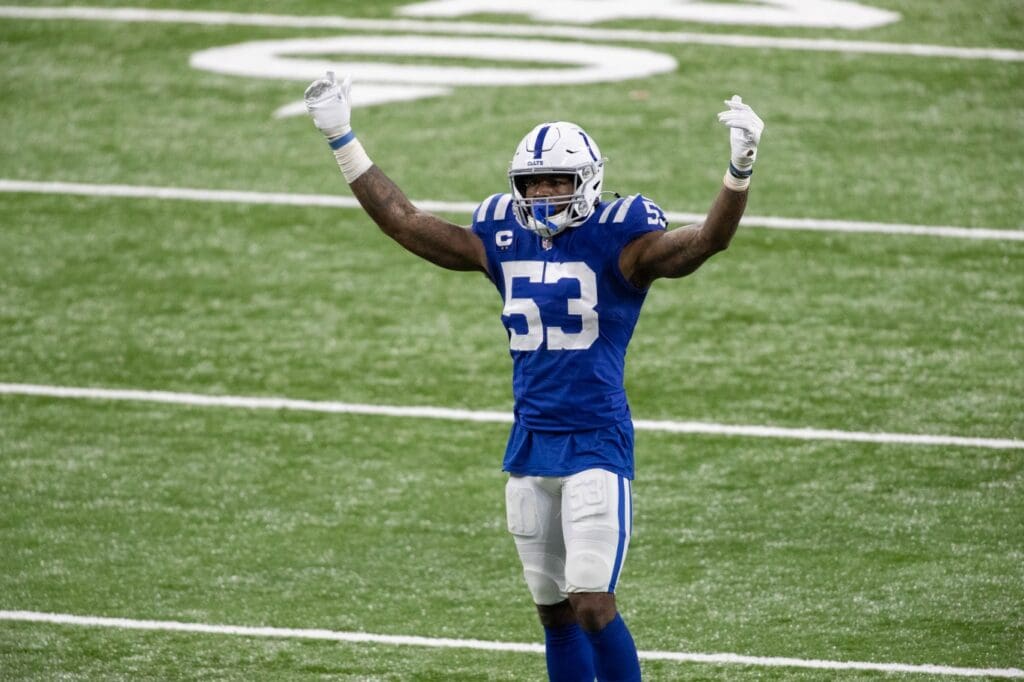 Jan 3, 2021; Indianapolis, Indiana, USA; Indianapolis Colts outside linebacker Darius Leonard (53) pumps up the crowd in the second half against the Jacksonville Jaguars at Lucas Oil Stadium.