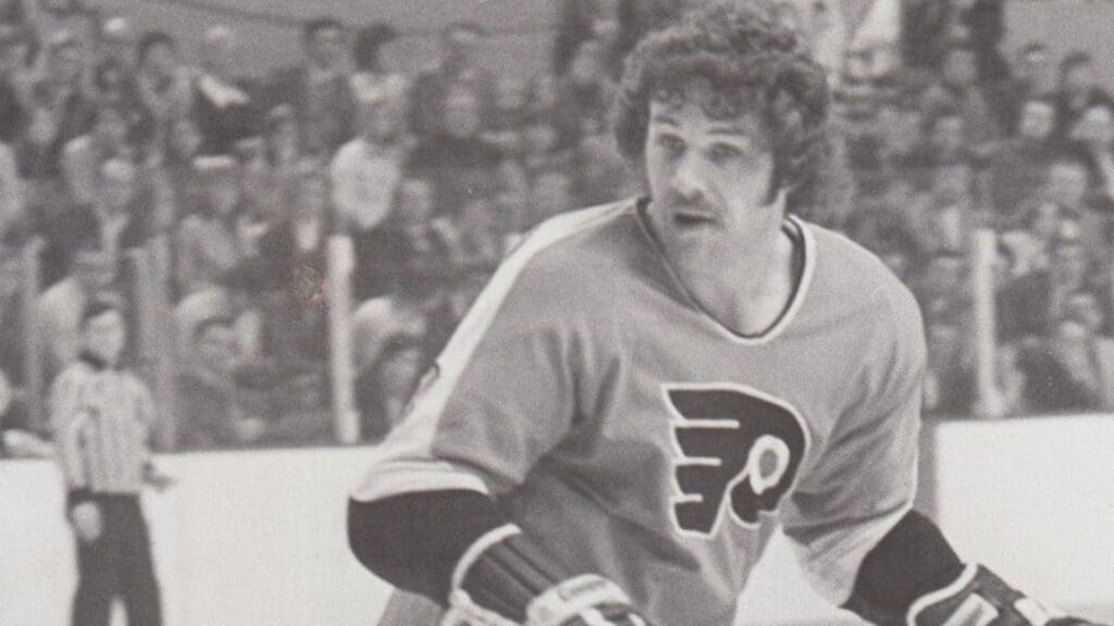 Dave Schultz playing for the Philadelphia Flyers during either the 1972–73 or 1973–74 season
