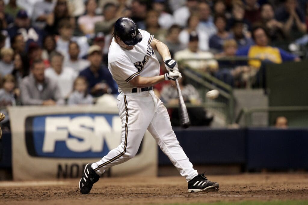 September 9, 2006; Milwaukee, WI, USA; Milwaukee Brewers third baseman (25) David Bell hits an rbi single during the seventh inning against the Houston Astros at Miller Park.