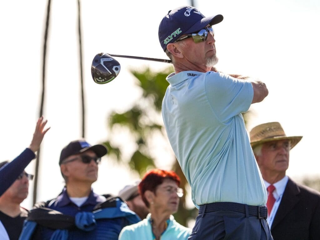 David Duval watches his shot after teeing off on one during the first round of The Galleri Classic at Mission Hills Country Club in Rancho Mirage, Calif., Friday, March 28, 2025.