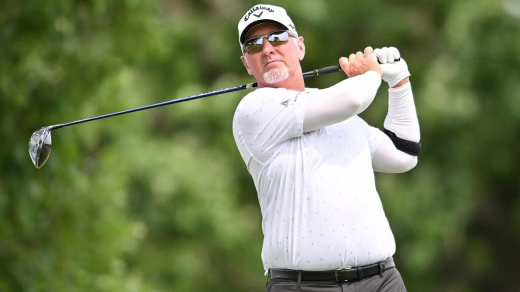 Jun 2, 2024; Des Moines, Iowa, USA; David Duval tees off from the third hole during the final round of the Principal Charity Classic at Wakonda Club in Des Moines, Iowa.