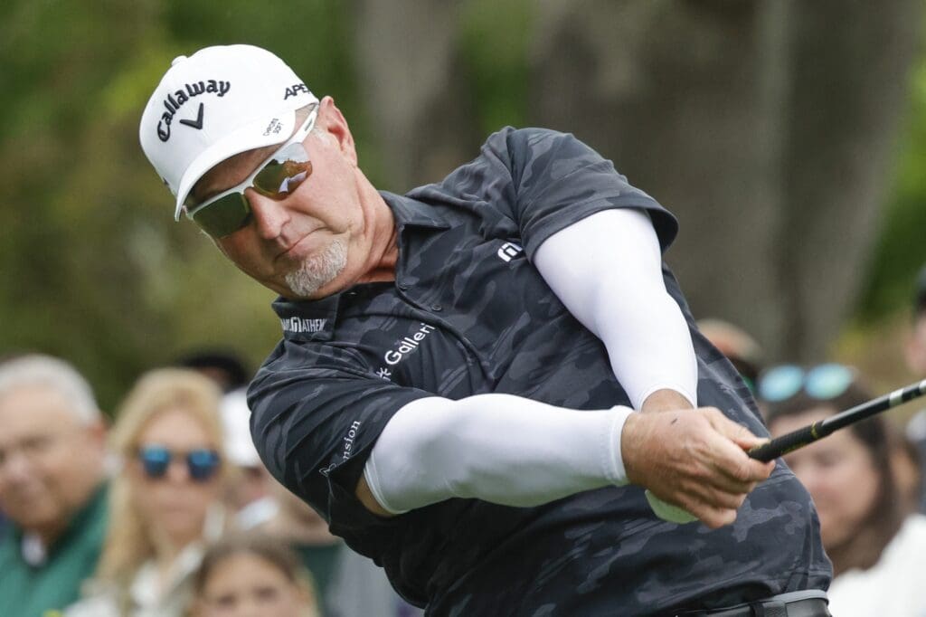 David Duval plays his shot from the first tee during the PNC Championship at The Ritz-Carlton Golf Club.