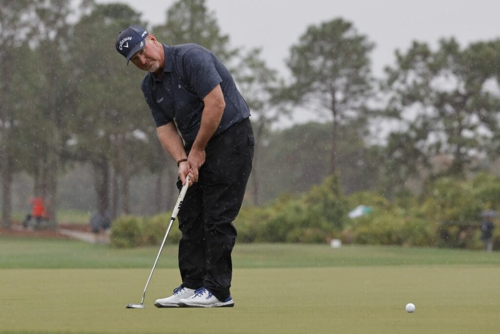 David Duval puts on the fourth green during the PNC Championship at The Ritz-Carlton Golf Club.