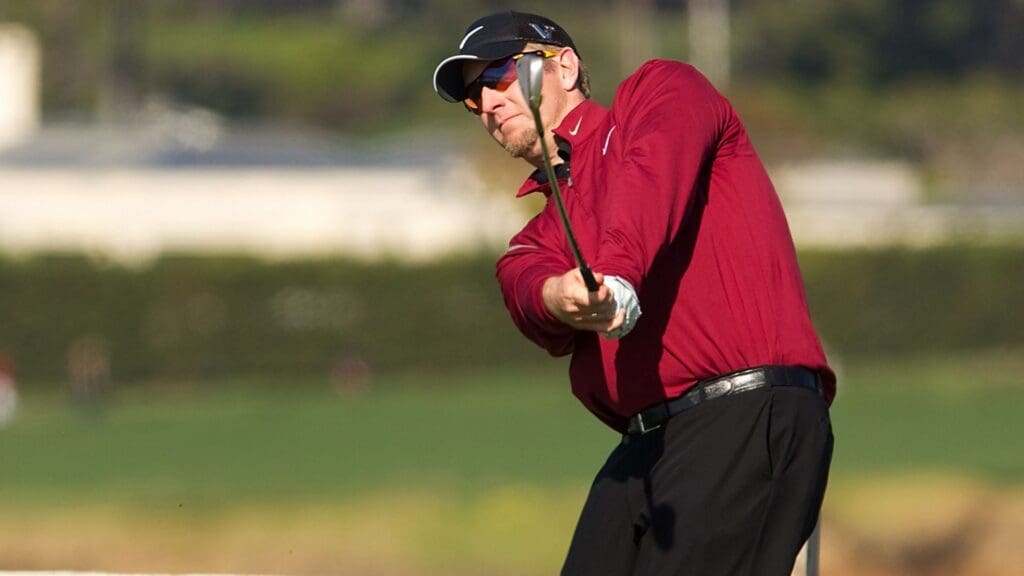 February. 14, 2010; Pebble Beach, CA, USA; David Duval with his tee shot on the par 3 seventh hole during the final round of the AT&T Pebble Beach Pro-Am at Pebble Beach