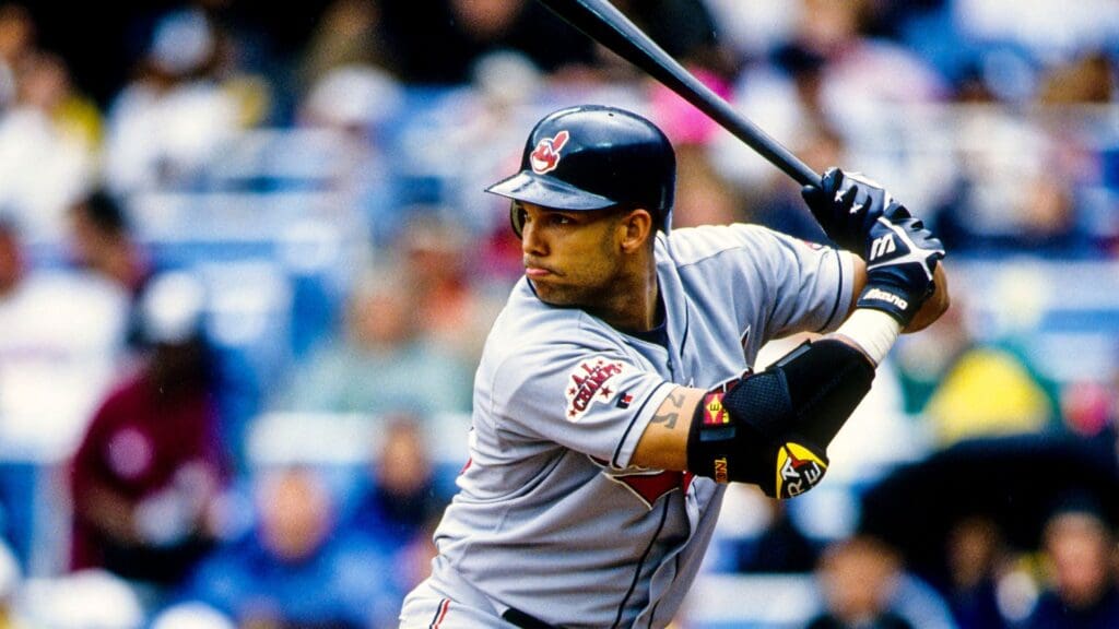 1998, Bronx, NY, USA; FILE PHOTO; Cleveland Indians designated hitter David Justice in action at the plate at Yankee Stadium during the 1998 season.