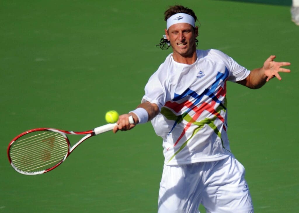 March 16, 2012; Indian Wells, CA, USA; David Nalbandian (ARG) during his quarter final match against Rafael Nadal (ESP) at the BNP Paribas Open. Nadal won 4-6, 7-5, 6-4.