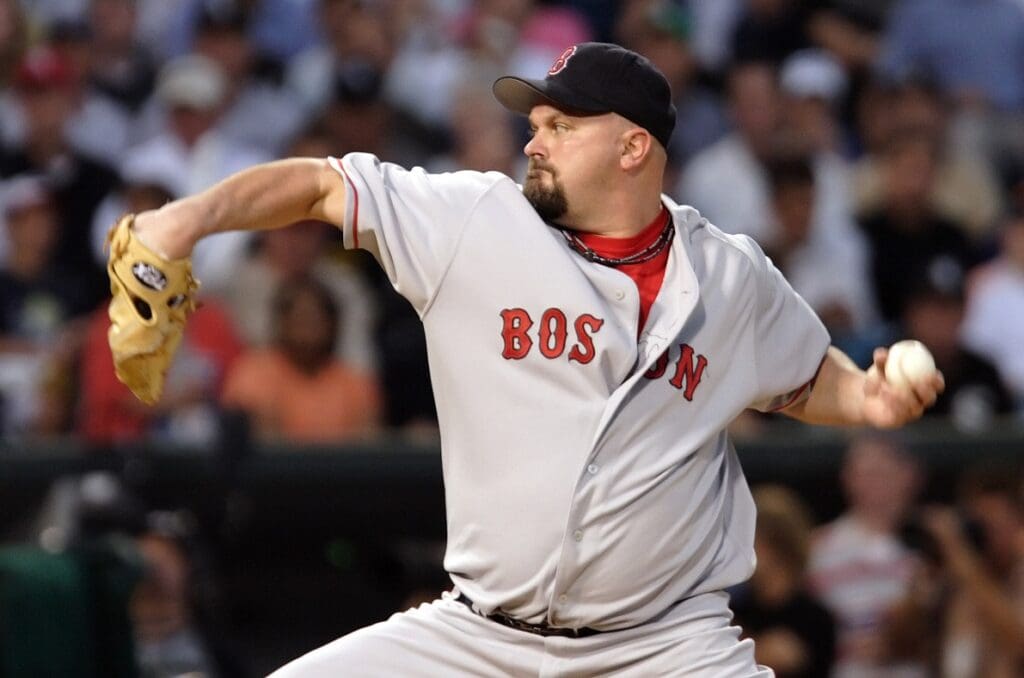 Oct 5, 2005; Chicago, IL, USA; Boston Red Sox starting pitcher #16 David Wells delivers a pitch in the first inning against the Chicago White Sox during game 2 of the American League Division Series at US Cellular Field.