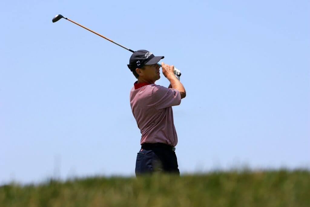 June 13, 2008; San Diego, CA, USA; Davis Love III (USA) hits from the fourth hole fairway during the second round of the US Open at Torrey Pines Golf Course