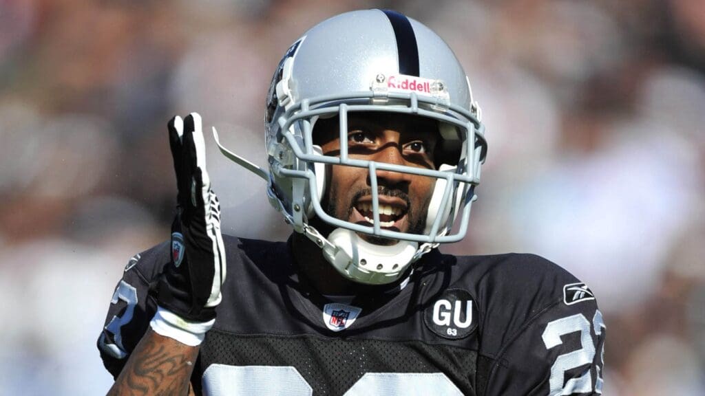 Oct 19, 2008; Oakland, CA, USA; Oakland Raiders cornerback DeAngelo Hall (23) during 16-13 victory over the New York Jets at the Oakland Coliseum.