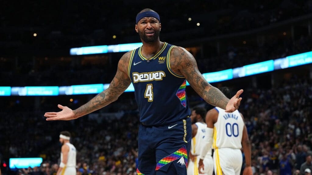 Apr 24, 2022; Denver, Colorado, USA; Denver Nuggets center DeMarcus Cousins (4) reacts to a foul in the second quarter against the Golden State Warriors of the first round for the 2022 NBA playoffs at Ball Arena.
