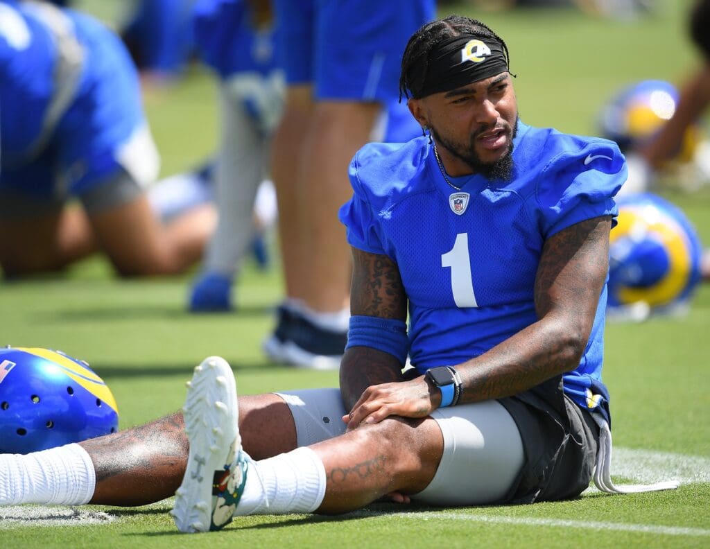Jun 8, 2021; Thousand Oaks, CA, USA; Los Angeles Rams wide receiver DeSean Jackson (1) stretches during mini camp held at the practice facility at Cal State Lutheran.
