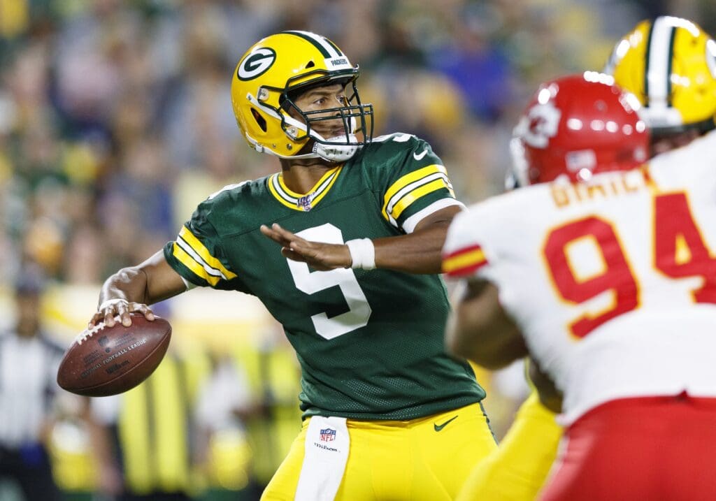 Aug 29, 2019; Green Bay, WI, USA; Green Bay Packers quarterback DeShone Kizer (9) throws a pass during the second quarter against the Kansas City Chiefs at Lambeau Field.