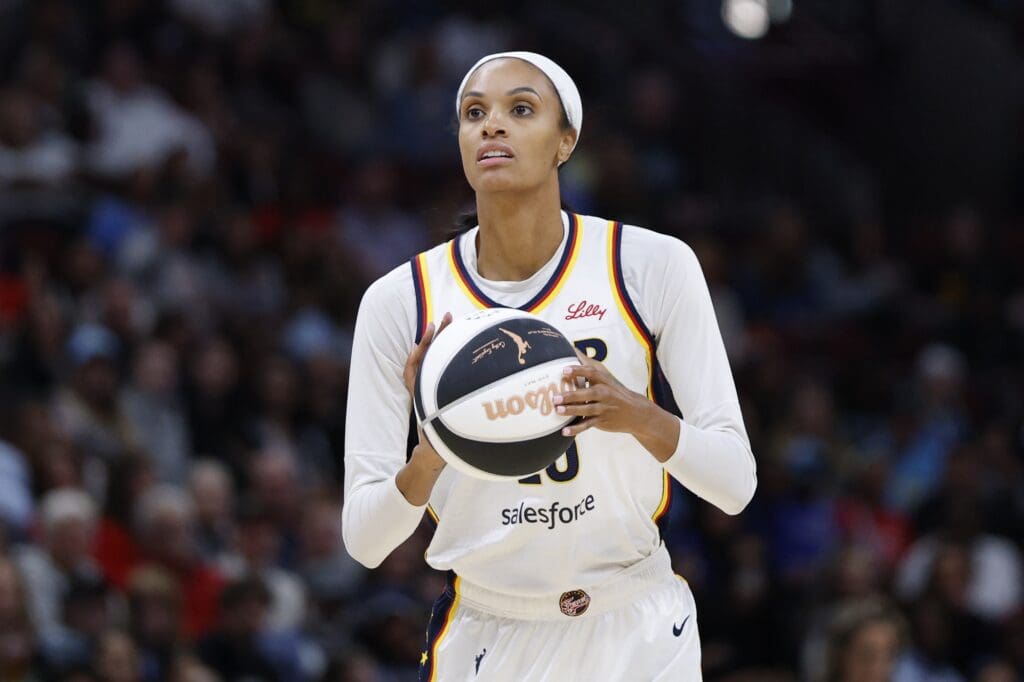 Jun 7, 2025; Chicago, Illinois, USA; Indiana Fever forward DeWanna Bonner (25) shoots against the Chicago Sky during the first half of a WNBA game at United Center.