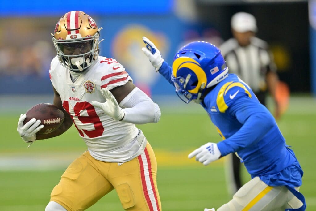 Jan 9, 2022; Inglewood, California, USA; San Francisco 49ers wide receiver Deebo Samuel (19) runs for a first down to the 10-yard line in the second half of the game against the Los Angeles Rams at SoFi Stadium.