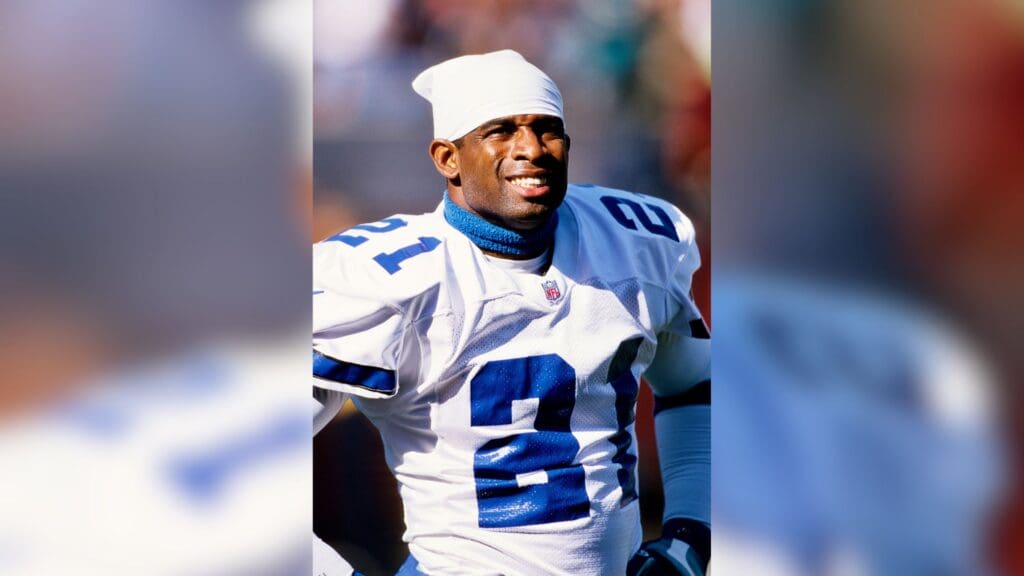 Nov 21, 1999; Tempe, AZ, USA; FILE PHOTO; Dallas Cowboys defensive back Deion Sanders (21) on the sidelines against the Arizona Cardinals at Sun Devil Stadium.