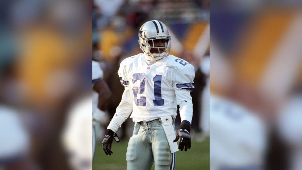 Jan 28, 1996; Tempe, AZ, USA; FILE PHOTO; Dallas Cowboys defensive back Deion Sanders (21) on the field against the Pittsburgh Steelers during Super Bowl XXX at Sun Devil Stadium. The Cowboys defeated the Steelers 27-17.