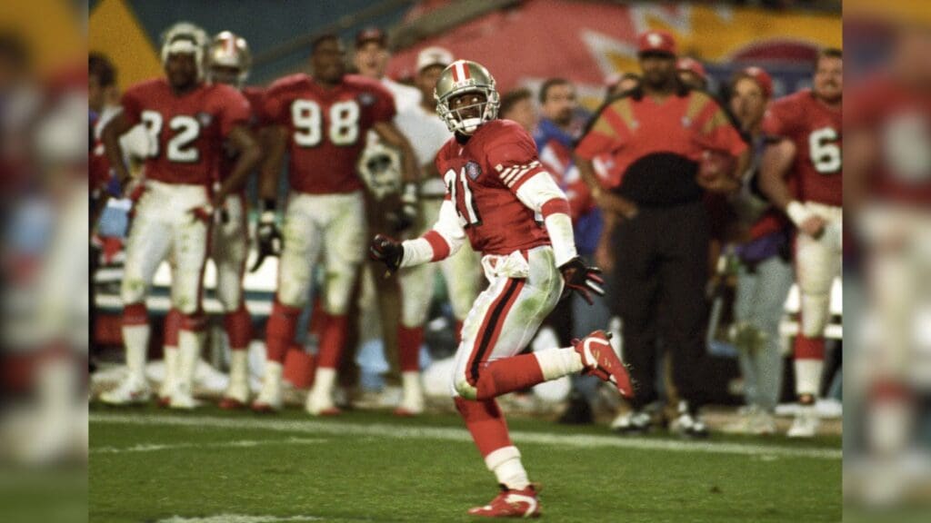Jan 29, 1995; Miami, FL, USA; FILE PHOTO; San Francisco 49ers cornerback Deion Sanders (21) in action against the San Diego Chargers during Super Bowl XXIX at Joe Robbie Stadium. San Francisco defeated San Diego 49-26.