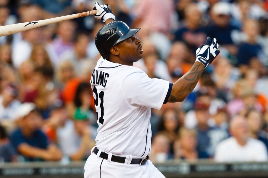 July 18, 2012; Detroit, MI, USA; Detroit Tigers designated hitter Delmon Young (21) at bat against the Los Angeles Angels at Comerica Park.