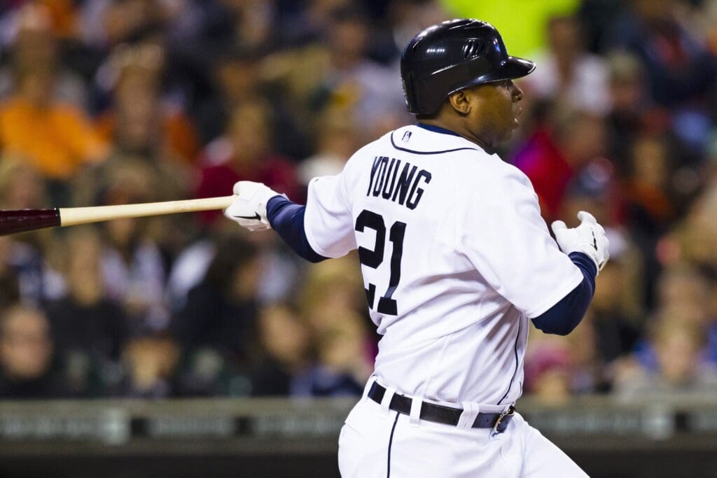 June 2, 2012; Detroit, MI, USA; Detroit Tigers designated hitter Delmon Young (21) hits a single during the sixth inning against the New York Yankees at Comerica Park.