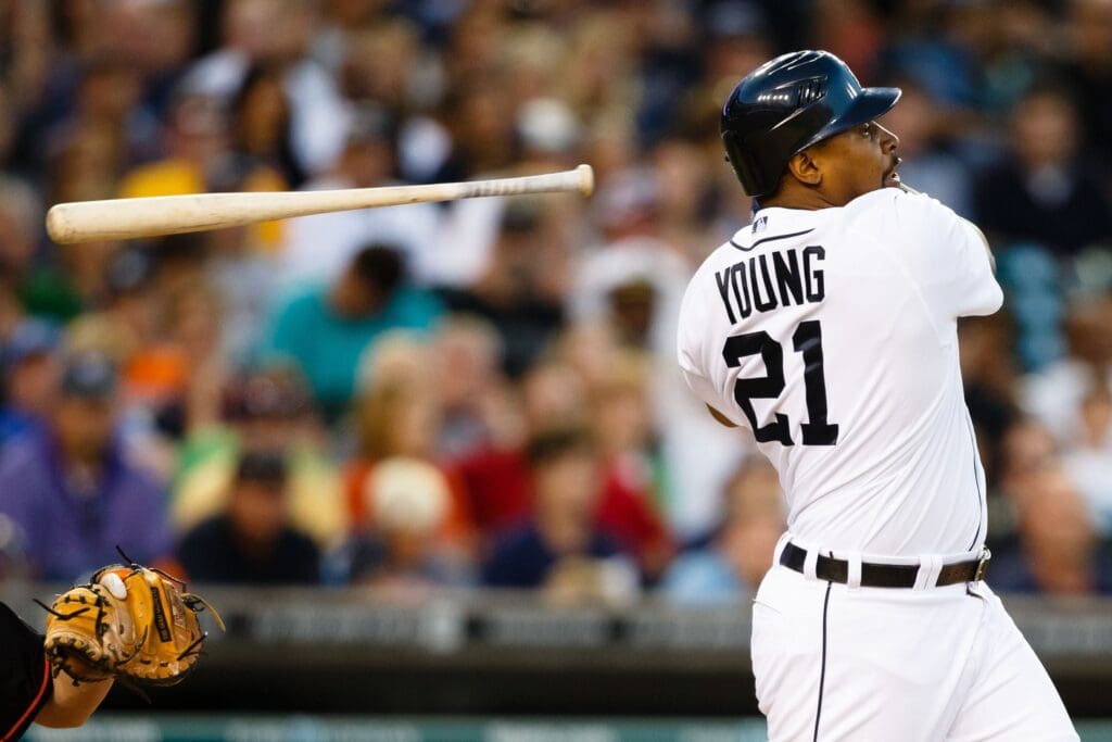 August 17, 2012; Detroit, MI, USA; Detroit Tigers designated hitter Delmon Young (21) loses his bat during the game against the Baltimore Orioles at Comerica Park