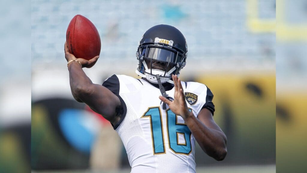 Sep 20, 2015; Jacksonville, FL, USA; Jacksonville Jaguars running back Denard Robinson (16) warms up before the start of an NFL football game against the Miami Dolphins at EverBank Field.