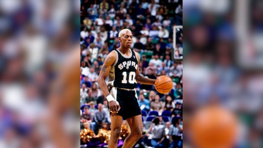 Apr 14, 1994; Salt Lake City, UT, USA; FILE PHOTO; San Antonio Spurs forward Dennis Rodman (10) in action against the Utah Jazz at the Delta Center.