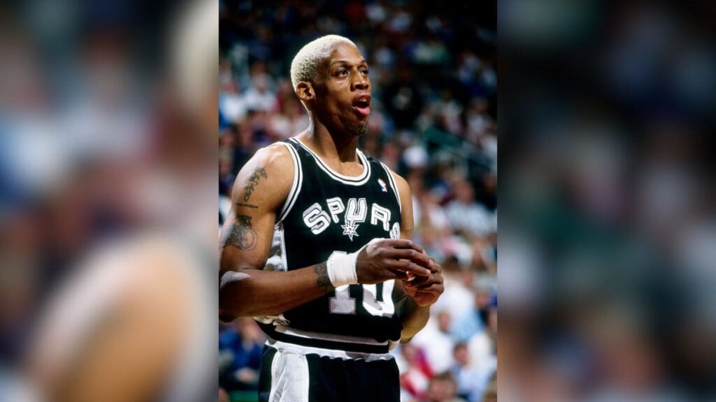 Apr 14, 1994; Salt Lake City, UT, USA; FILE PHOTO; San Antonio Spurs forward Dennis Rodman (10) in action against the Utah Jazz at the Delta Center.