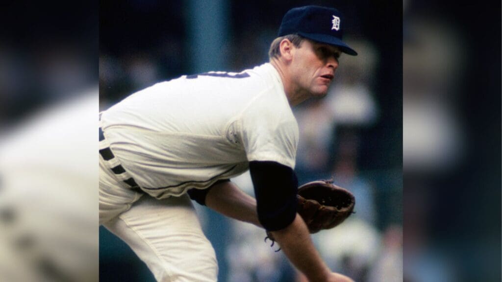 Jul 1968; Detroit, MI, USA; FILE PHOTO; Detroit Tigers pitcher Denny McLain (17) delivers a pitch during the 1968 season at Tiger Stadium.